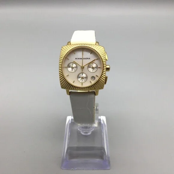 BCBGMAXAZRIA Watch Womens 29mm Gold Square MOP Chronograph Leather New Battery - Picture 2 of 14